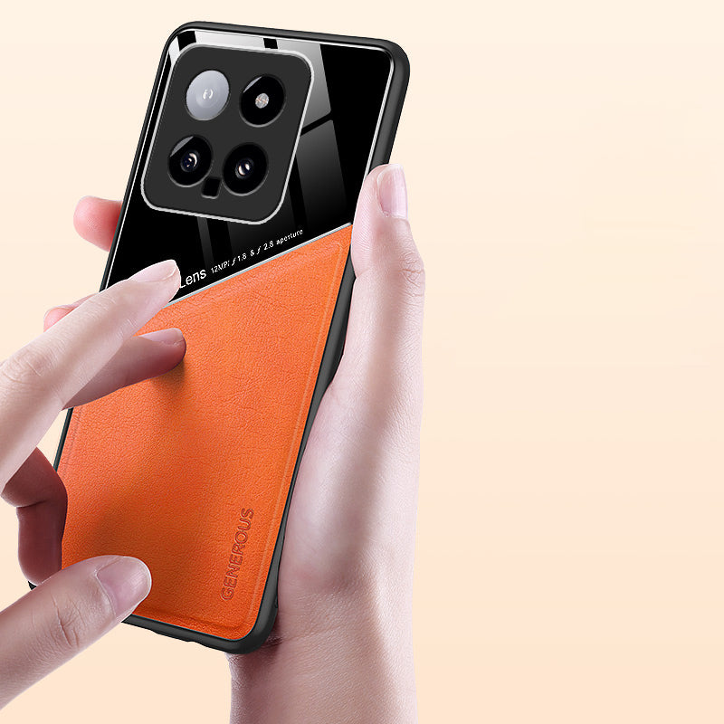For Xiaomi 14 Cell Phone Case Anti-fall PU+TPU+PC Magnetic Car Mount Back Cover - Orange For Xiaomi 14 Cell Phone Case Anti-fall PU+TPU+PC Magnetic Car Mount Back Cover - Orange